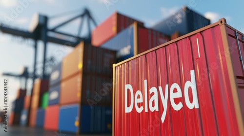 Obraz na płótnie Frustrations of International Shipping: Close-Up of 'Delayed' Label on Container Background w salonie