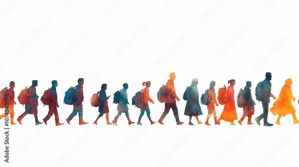flat illustration of immigrants walking towards a place of hope flat illustration of immigrants walking towards a place of hope
