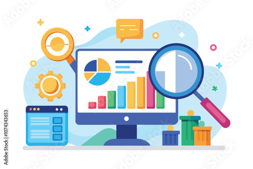 A computer displays colorful charts and graphs, emphasizing visual data analysis and insights, Examine visual data, simple picture