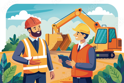 An excavator operator and contractor engage in conversation about a project on site during daylight, Excavator operator talking with contractor, flat illustration.