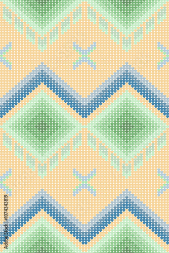 Ikat pixel knitted geometric heart shape seamless pattern. Native geometry decorative design for embroidery, ornament, texture, knitwear, sweater, interior, printing, decor