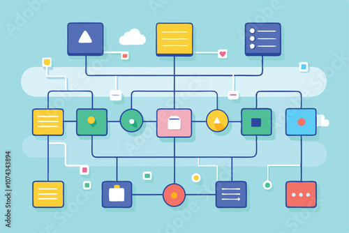 This illustration depicts interconnected business rules and processes using colorful shapes on a blue background, Explain business rules with a simple illustration.