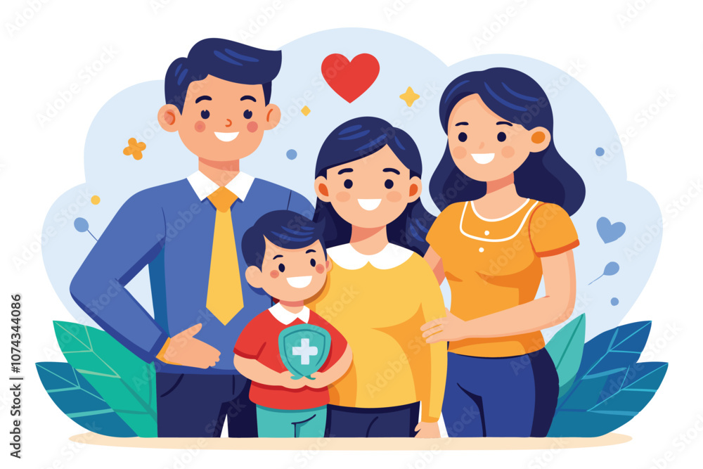 A happy family stands together, emphasizing the importance of life insurance for their, Family life insurance is popular among young parents with children, shown in a simple illustration. A happy family stands together, emphasizing the importance of life insurance for their, Family life insurance is popular among young parents with children, shown in a simple illustration.