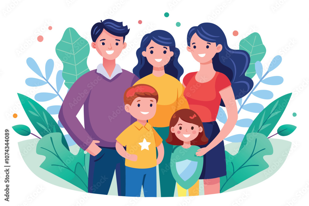 A happy young family stands together, emphasizing the importance of life insurance, Family life insurance is popular among young parents with children, shown in a simple illustration. A happy young family stands together, emphasizing the importance of life insurance, Family life insurance is popular among young parents with children, shown in a simple illustration.