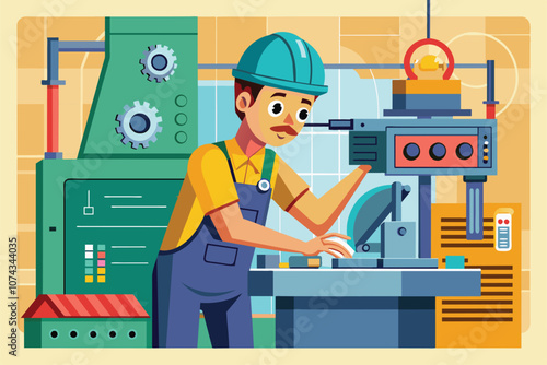 A factory worker repairs machinery using tools while focused on the task in an industrial environment, Factory worker fixing machine, flat drawing