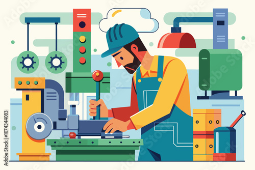 A worker is focused on fixing a machine in a busy factory environment filled with equipment, Factory worker fixing machine, flat drawing