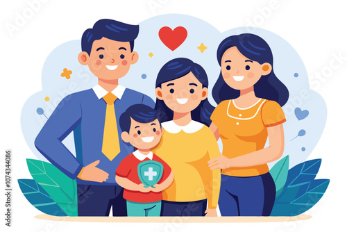 A happy family stands together, emphasizing the importance of life insurance for their, Family life insurance is popular among young parents with children, shown in a simple illustration.