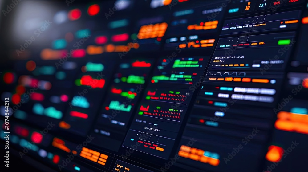 Data visualization on a modern digital display, black background with colorful graphs. Data visualization on a modern digital display, black background with colorful graphs.