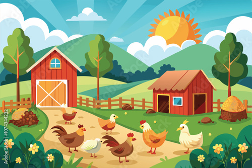 A picturesque farm features free-range chickens roaming in a sunny, green environment with trees and hills, Farm with free range chickens that can be customized with disproportionate illustrations.