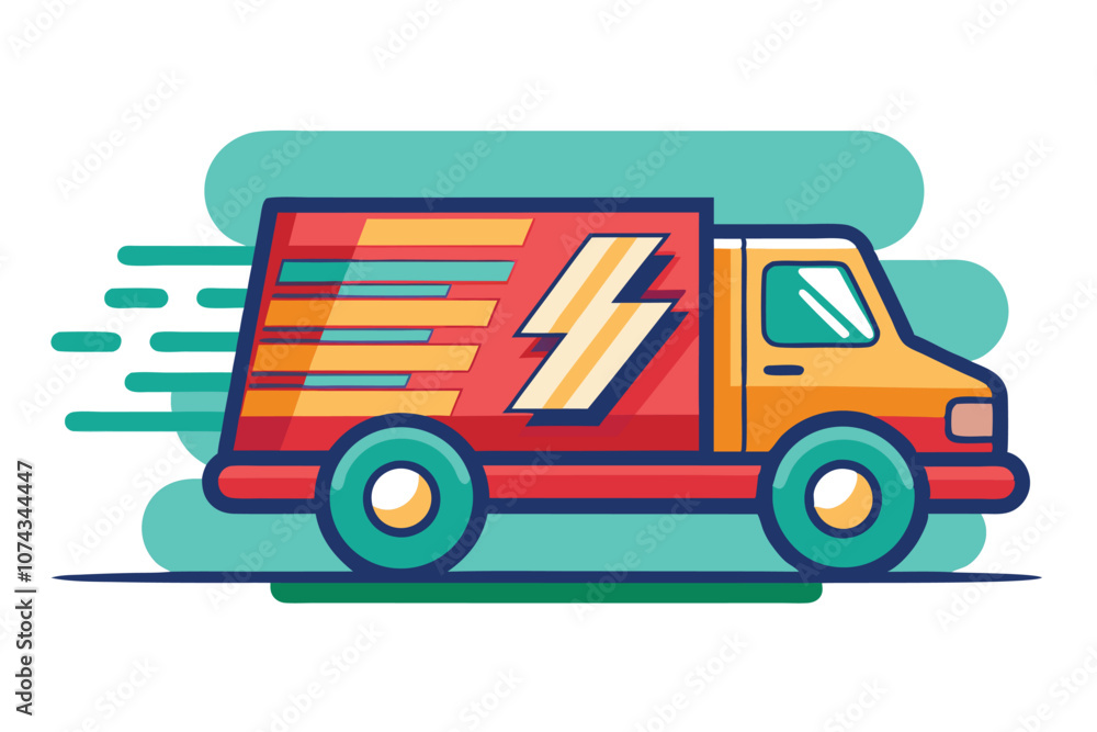 A vibrant delivery truck moves swiftly, symbolizing the rapid transport of goods across urban areas, Fast delivery of goods, simple picture A vibrant delivery truck moves swiftly, symbolizing the rapid transport of goods across urban areas, Fast delivery of goods, simple picture