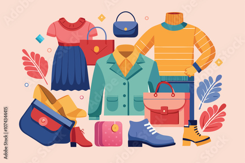 A collection of stylish clothing and accessories displayed for sale, showcasing the latest trends in fashion, Fashion needs trending, flat illustrations for sale.
