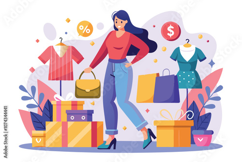 A fashionable woman carries a bag while shopping amidst sales offers and colorful gifts, Fashion sales promotion with flat illustrations.