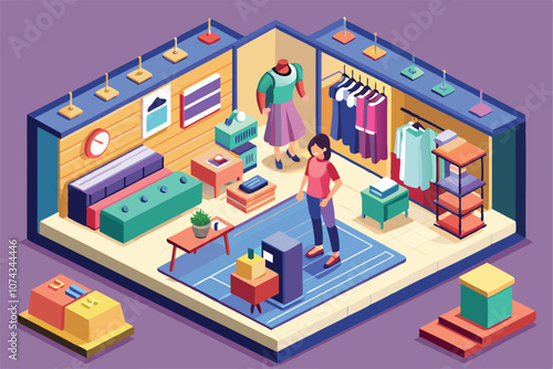 This vibrant fashion shop features customizable displays, clothing racks, and a shopper exploring the collection, Fashion shop with customizable isometric illustration.