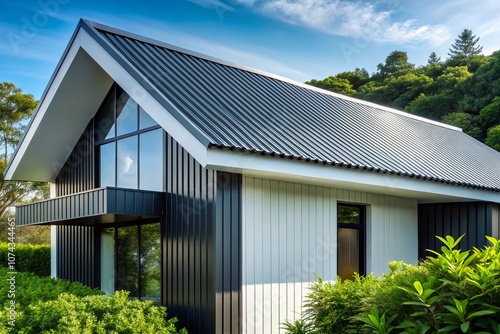 Wallpaper Mural High-Contrast Modern House Surrounded by Nature with Dark Metal Roof and Sleek Design - A Macro Photography Perspective of Architectural Beauty in a Natural Landscape Torontodigital.ca