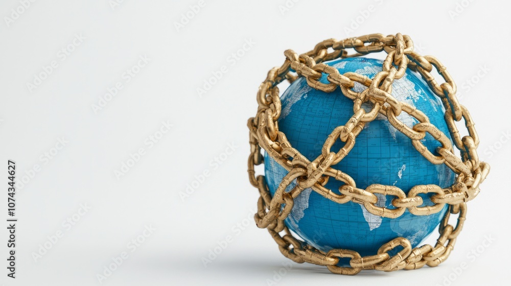 Global Trade Restrictions - Conceptual Image of Globe with Chains Representing International Constraints Global Trade Restrictions - Conceptual Image of Globe with Chains Representing International Constraints