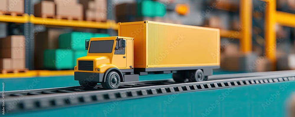 Yellow delivery truck loaded with boxes, isolated on a warehouse background.