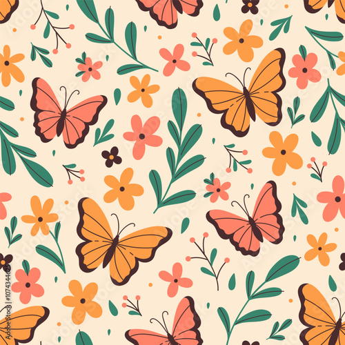 Wallpaper Mural Seamless pattern with butterflies, flowers and leaves. Vector graphics. Torontodigital.ca
