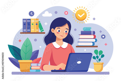 A young woman engages in online learning at her desk, surrounded by books and green plants, enjoying the moment, Female character studying online, flat illustration.