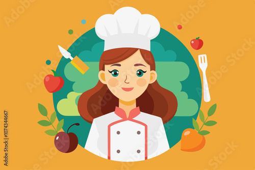A female chef illustration features customizable elements with fruits and cooking tools surrounding her, Female chef illustration that can be customized.