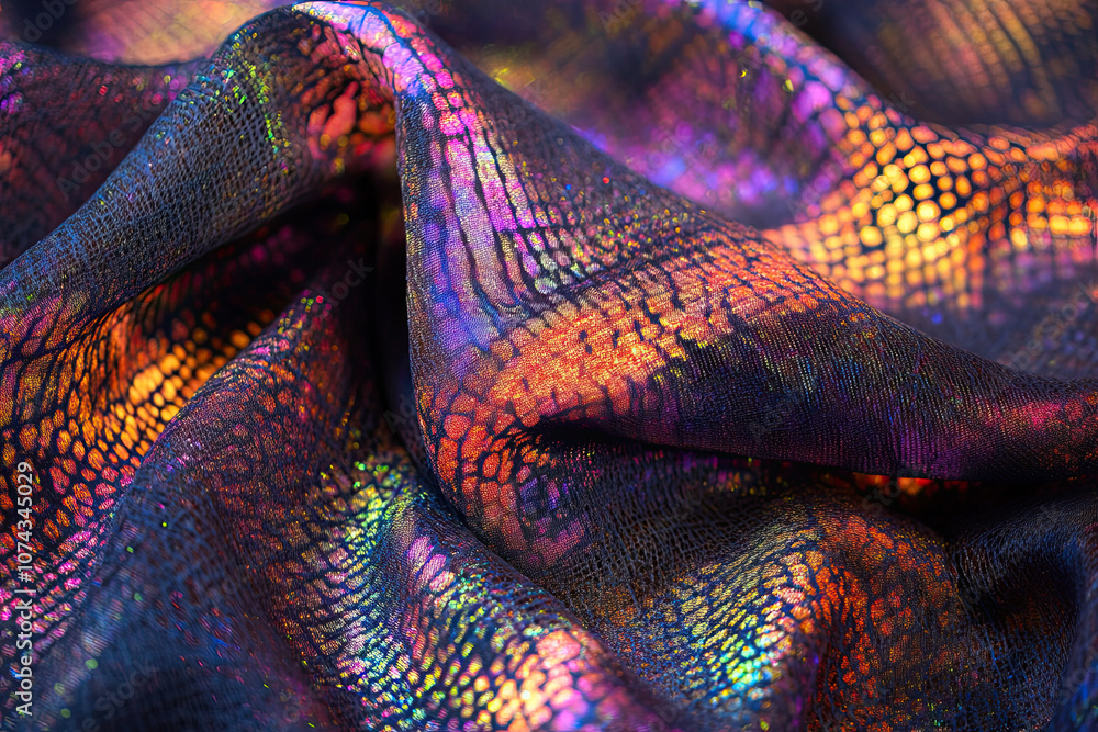 Iridescent fabric texture with a holographic effect, reflecting trendy, colorful shifts in light and color Iridescent fabric texture with a holographic effect, reflecting trendy, colorful shifts in light and color
