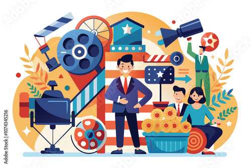 A colorful illustration showcases various roles in film management, focusing on teamwork and creativity, Film industry management, simple illustration.