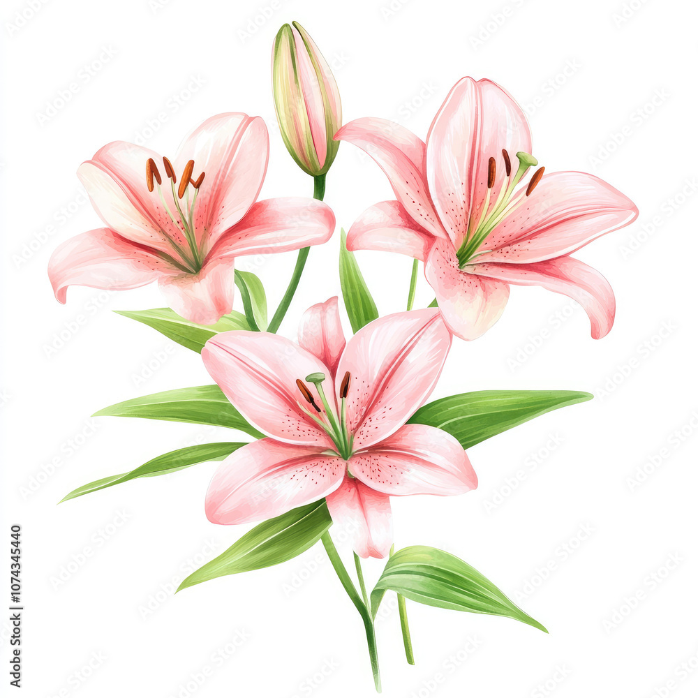 Watercolor Vibrant Pink Lilies Children Illustration Watercolor Vibrant Pink Lilies Children Illustration