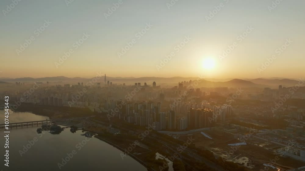 Drone View of Seoul city in Sunrise of Dongjak-gu, Han River, Autumn, 60fps Drone View of Seoul city in Sunrise of Dongjak-gu, Han River, Autumn, 60fps