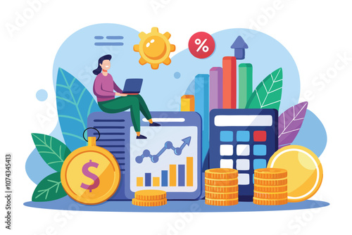 A data analyst examines financial trends using a laptop, calculator, and coins amid colorful graphics, Finance with calculator, coin, and data analyst trending in a flat illustration.