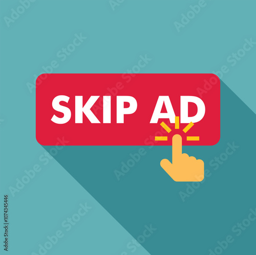 Hand pushing skip ad button, avoiding online advertisement