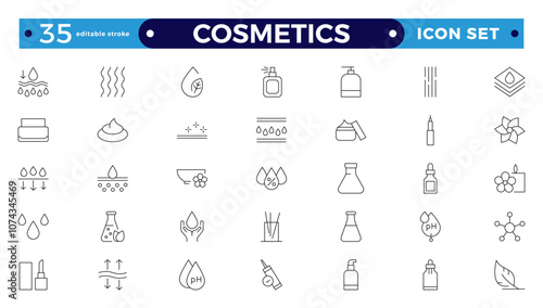Cosmetics Outline icons set. Moisture cream, acid, anti-wrinkle serum, ceramide, collagen, retinol compound, sunscreen vector illustration. Editable stroke outline icon.