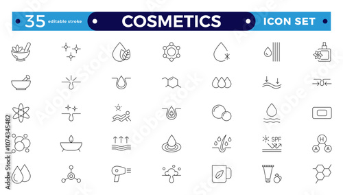 Cosmetics Outline icons set. Moisture cream, acid, anti-wrinkle serum, ceramide, collagen, retinol compound, sunscreen vector illustration. Editable stroke outline icon.