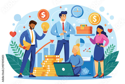 A diverse team of financial business managers discussing strategies while analyzing data and resources, Financial business development managers, flat illustration