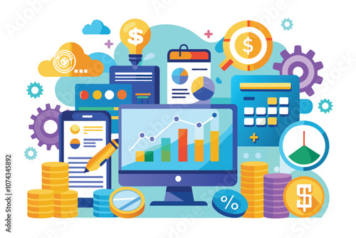 Data visualization of financial management tools, charts, and currencies, highlighting finance, Financial management systems and sources of financial information, depicted in a flat illustration.