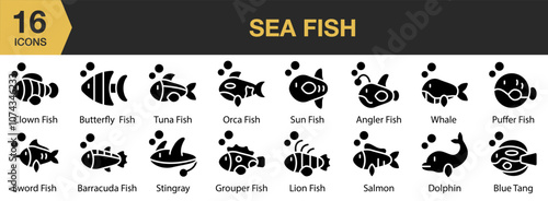 Sea Fish solid icon set. Includes whale, tuna, sword fish, sun fish , and More. Solid icons vector collection.