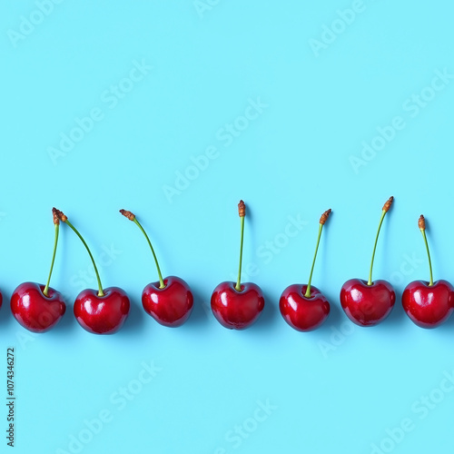 Seamless background image of cherries in a row on a light blue background generated by AI