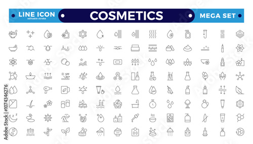 Cosmetics Outline icons set. Moisture cream, acid, anti-wrinkle serum, ceramide, collagen, retinol compound, sunscreen vector illustration. Editable stroke outline icon.