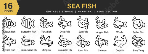 Sea Fish icon set. Editable Stroke Icon Collection. Includes angler, barracuda, blue tang, clown fish, dolphin, and More. Outline icons vector collection.