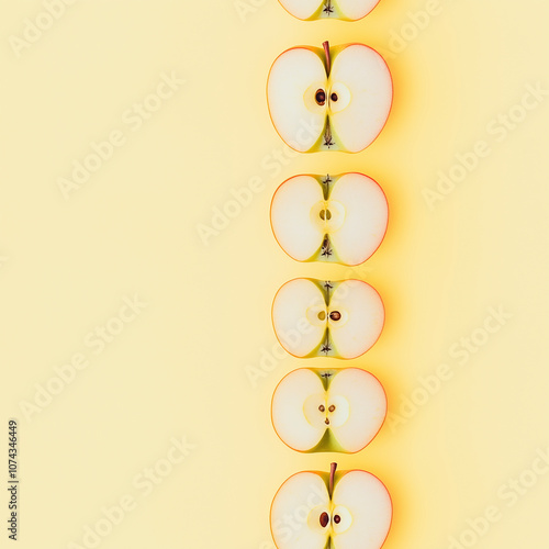 tSeamless background image of cut apples in a row on yellow background generated by AI