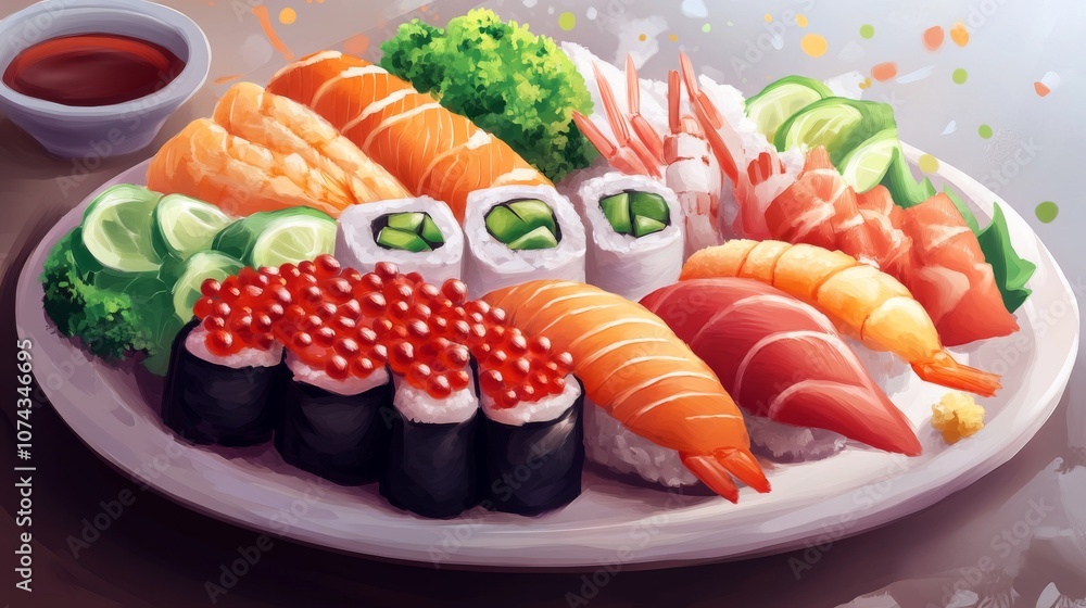 Assorted sashimi platter with garnishes and sauces Assorted sashimi platter with garnishes and sauces