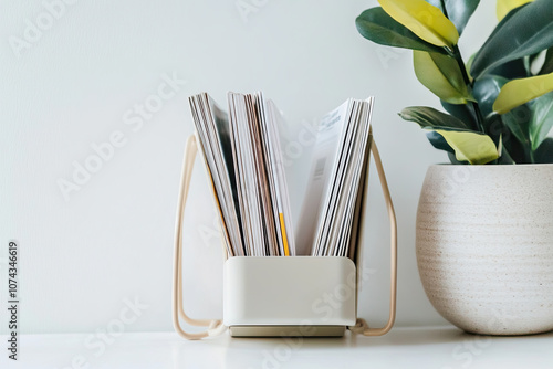 Modern magazine rack with a minimalist design on a white background photo