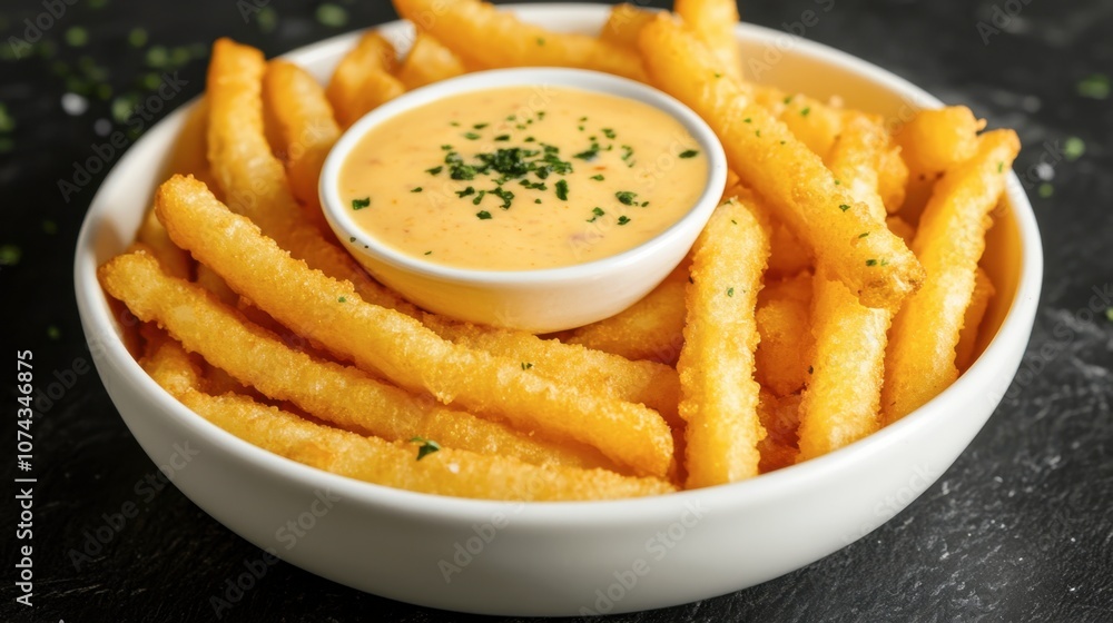 Crispy Fries with Creamy Dip in White Bowl Crispy Fries with Creamy Dip in White Bowl