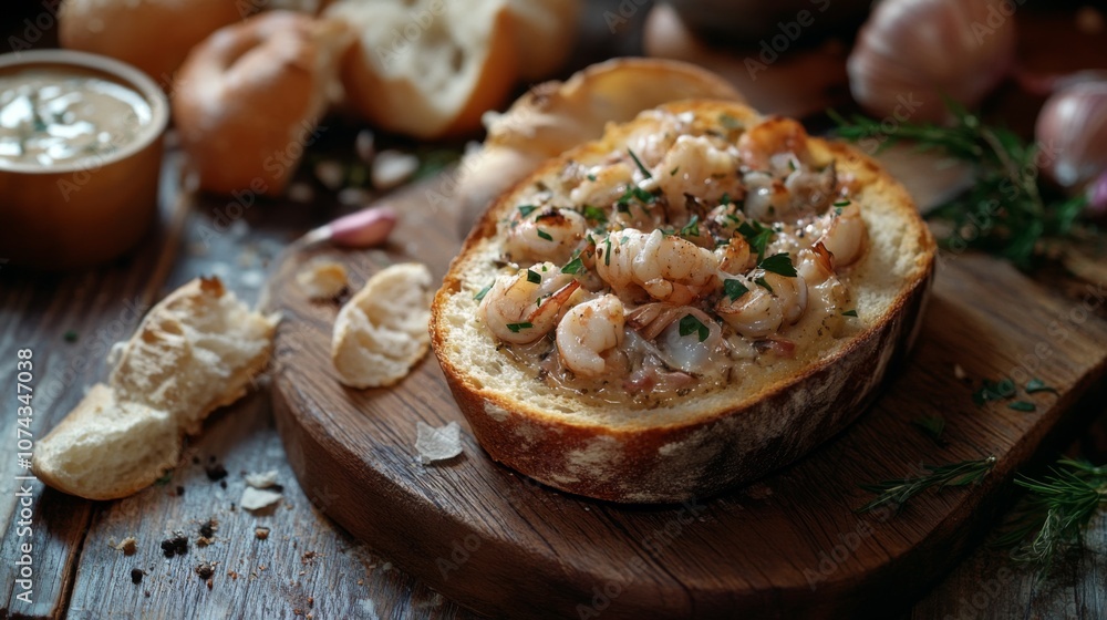 Crusty bread with seafood dip on a rustic table Crusty bread with seafood dip on a rustic table