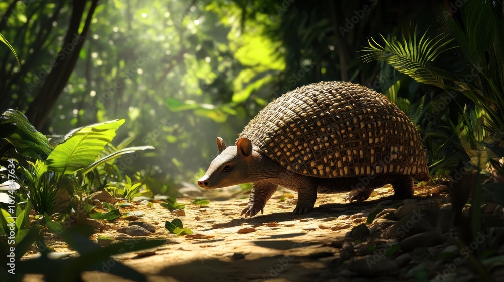 Obraz premium Curious Armadillo Crossing a Path in Forest