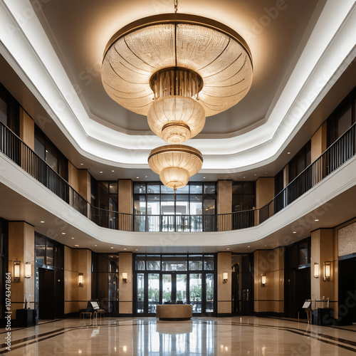 Large, round, art deco lighting fixture is suspended from the ceiling of an elegant hotel lobby Generated Ai
