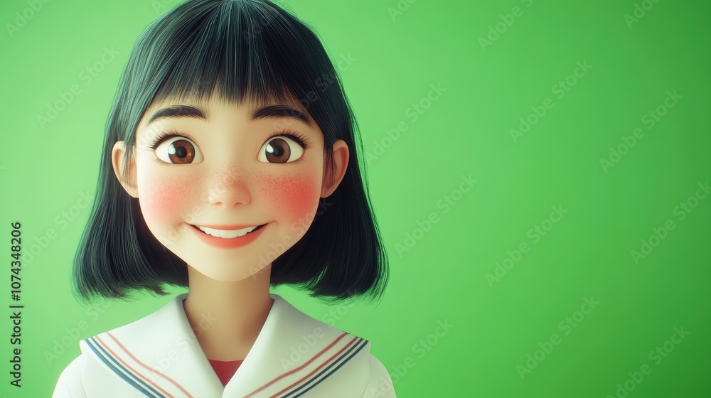 Asian girl in Japanese student uniform smiling against a vibrant green backdrop showcasing youth and cultural attire Asian girl in Japanese student uniform smiling against a vibrant green backdrop showcasing youth and cultural attire