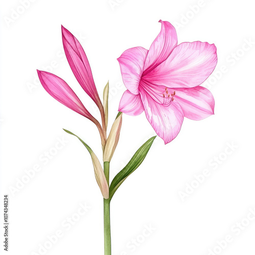 Watercolor Bright Pink Amaryllis Leaves Illustration