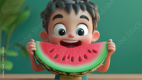 3D Cartoon Kid Having Fun Eating Watermelon