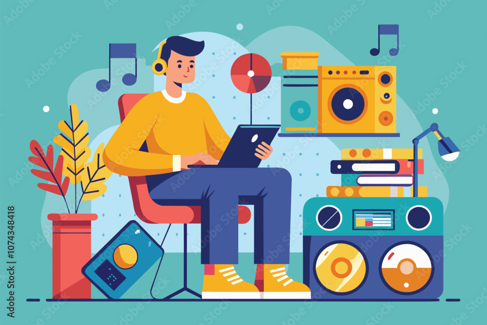 Obraz premium A man relaxes in a chair with headphones on, enjoying music while surrounded by vibrant audio gear, Flat illustration of a man sitting on a chair next to a music player.
