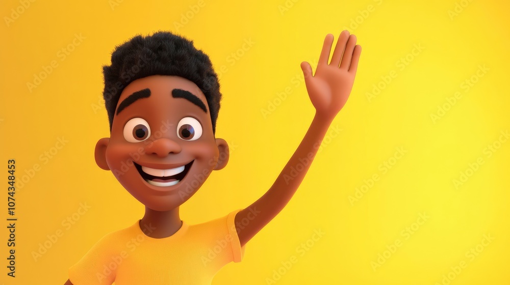 African American man raising his hand against a vibrant yellow background expressive gesture highlighting enthusiasm and positivity African American man raising his hand against a vibrant yellow background expressive gesture highlighting enthusiasm and positivity