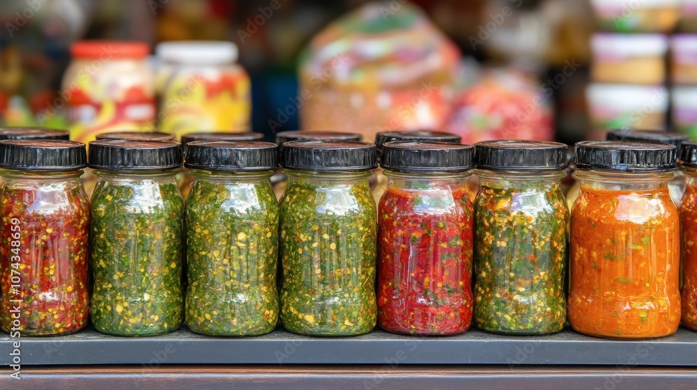 Colorful Jars of Spicy Sauces and Condiments Displayed Colorful Jars of Spicy Sauces and Condiments Displayed